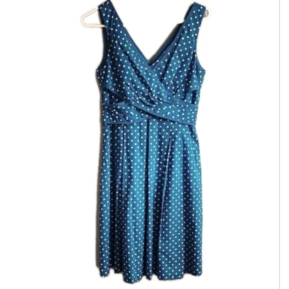 Nine West Dress Surplice Faux Wrap Polka Dot Turquoise Knee Length 2 All Cotton